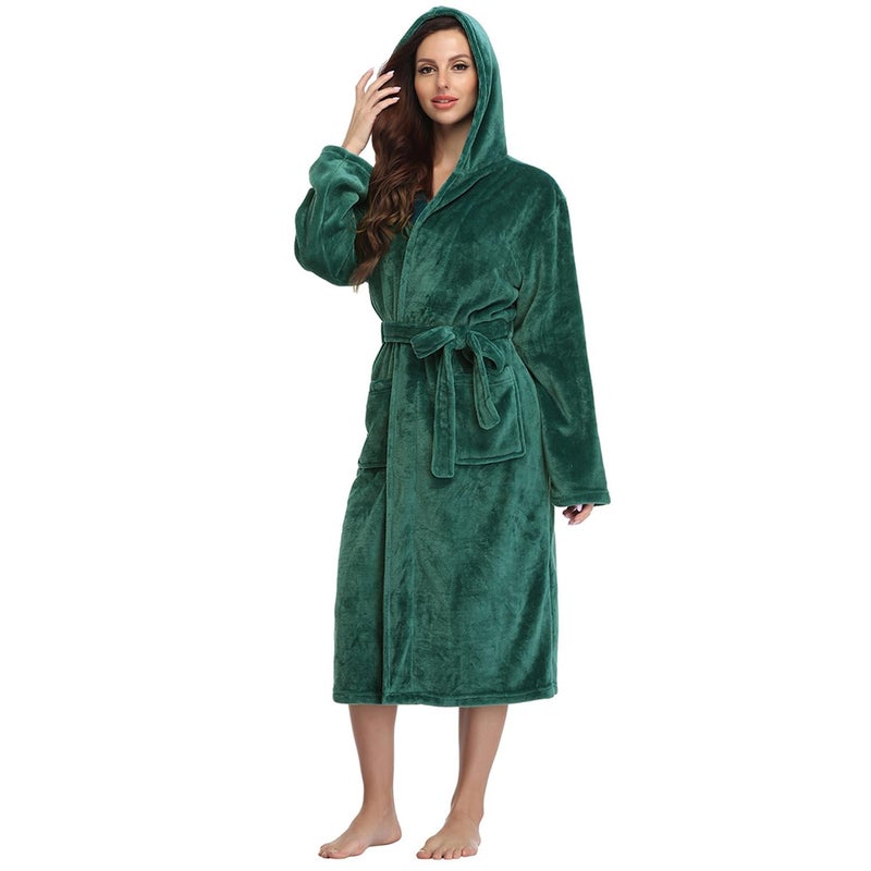 RONGTAI Womens Robes Plush Fleece Emerald Green Hooded Bathrobe Thick Nightgown with Pockets Fluffy Sleepwear Small - Image 1